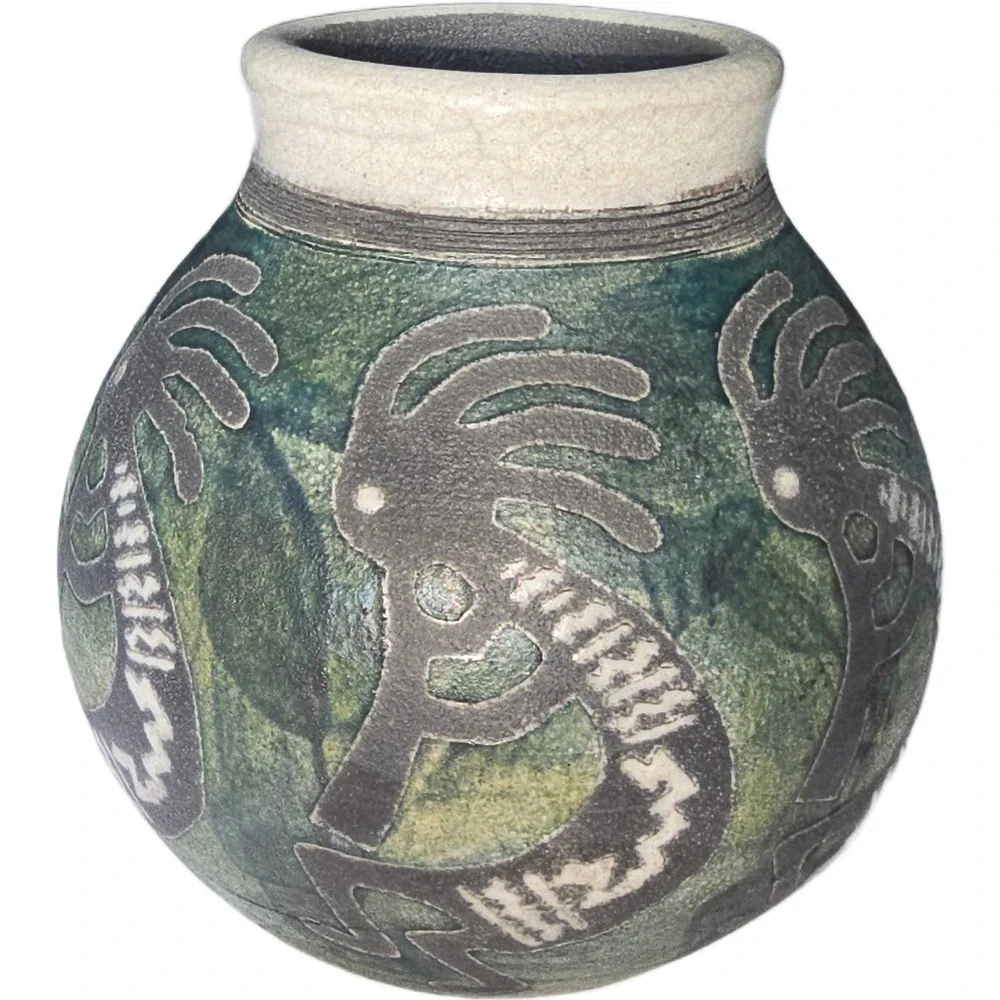 Vintage 2003 Studio Pottery Kokopelli Vase Green Blue Southwest Decor Ben Diller